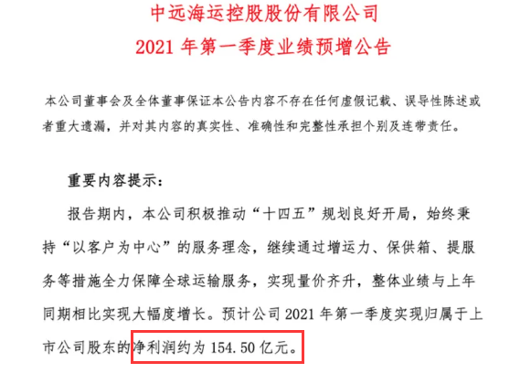 暴賺！中遠(yuǎn)?？?021年一季度預(yù)盈利154.50億！同比暴增5191%！