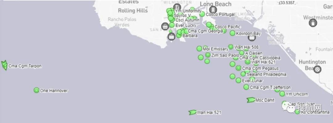 洛杉磯長(zhǎng)灘港附近集裝箱船舶數(shù)量接近新高，東海岸港口擁堵加劇