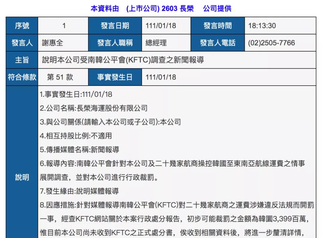 萬海、長榮、陽明回應(yīng)遭韓國處罰，陽明考慮上訴