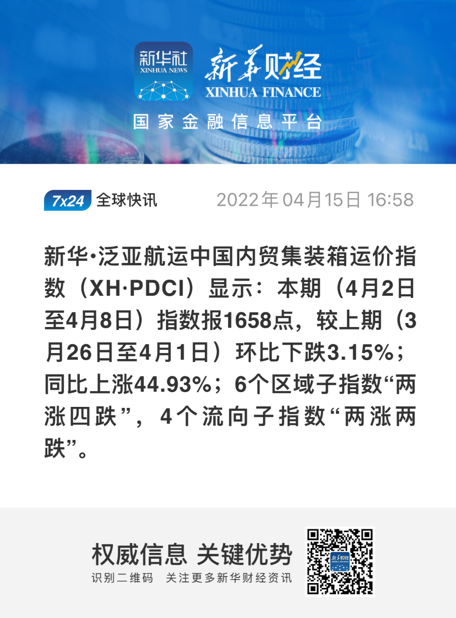 新華·泛亞航運中國內(nèi)貿(mào)集裝箱運價指數(shù)（XH·PDCI）2022年4月2日至4月8日