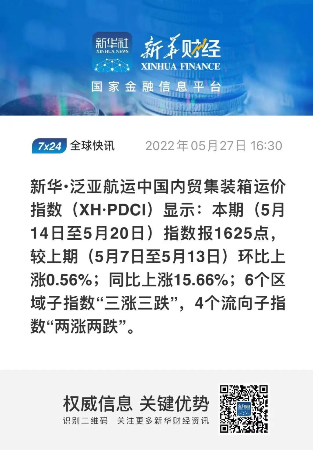 新華·泛亞航運(yùn)中國內(nèi)貿(mào)集裝箱運(yùn)價(jià)指數(shù)（XH·PDCI）2022年5月14日至5月20日