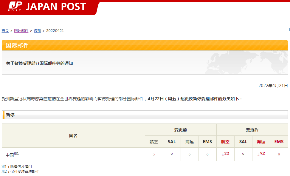 【空運(yùn)】日本郵政暫停至中國的EMS、航空及海運(yùn)包裹服務(wù)；聯(lián)邦快遞恢復(fù)部分華東地區(qū)進(jìn)口服務(wù)?