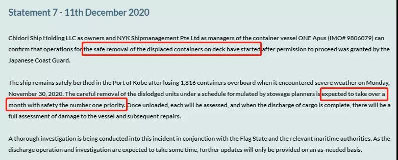 ONE Apus追蹤：開始移除甲板上受損集裝箱，預(yù)計需1個月！