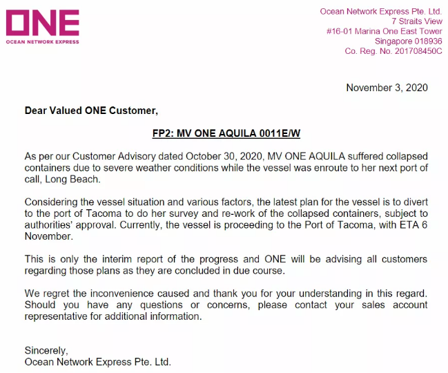 事故丨至少100個集裝箱落水！ONE一艘大型集裝箱船遭遇惡劣天氣，有掛靠國內(nèi)港口